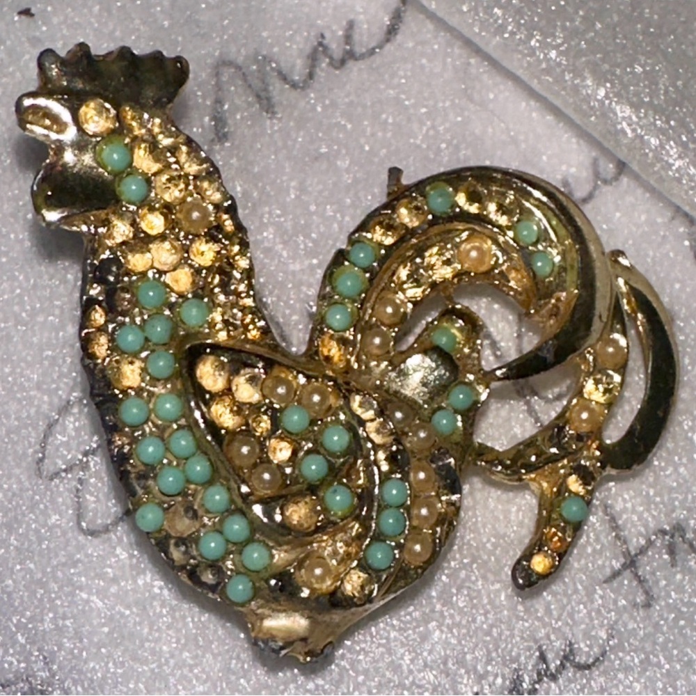 Vintage Gold and Turquoise Rooster Brooch